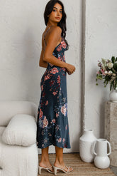 Downtown Cami Strap Front Split Midi Dress Oriental Flower Print Forest Green
